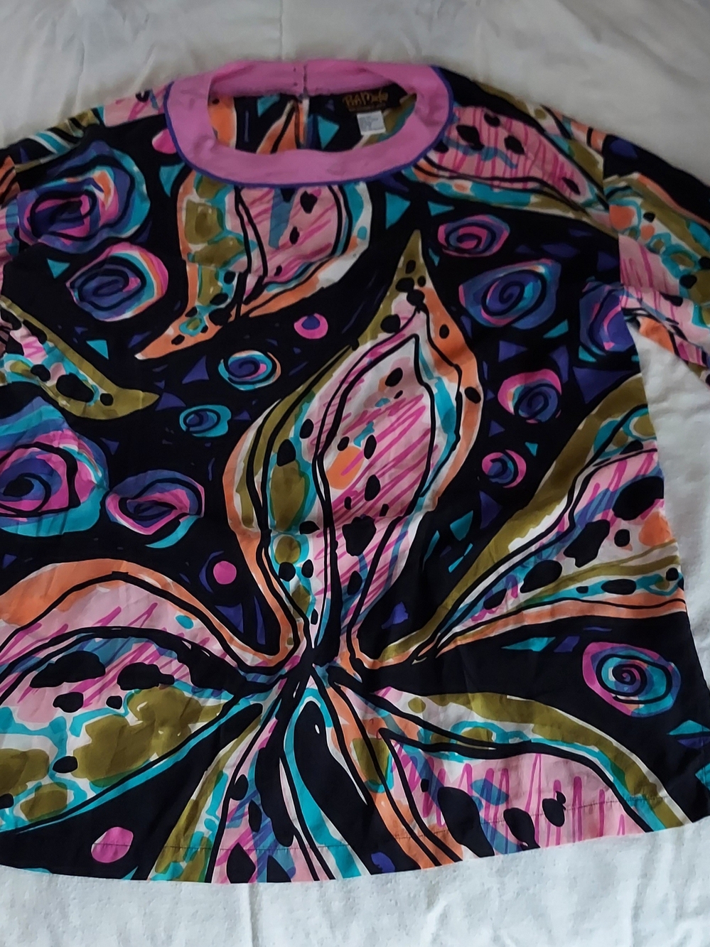 Bob Mackie Multicolor Abstract Silk Top with Pink Trim